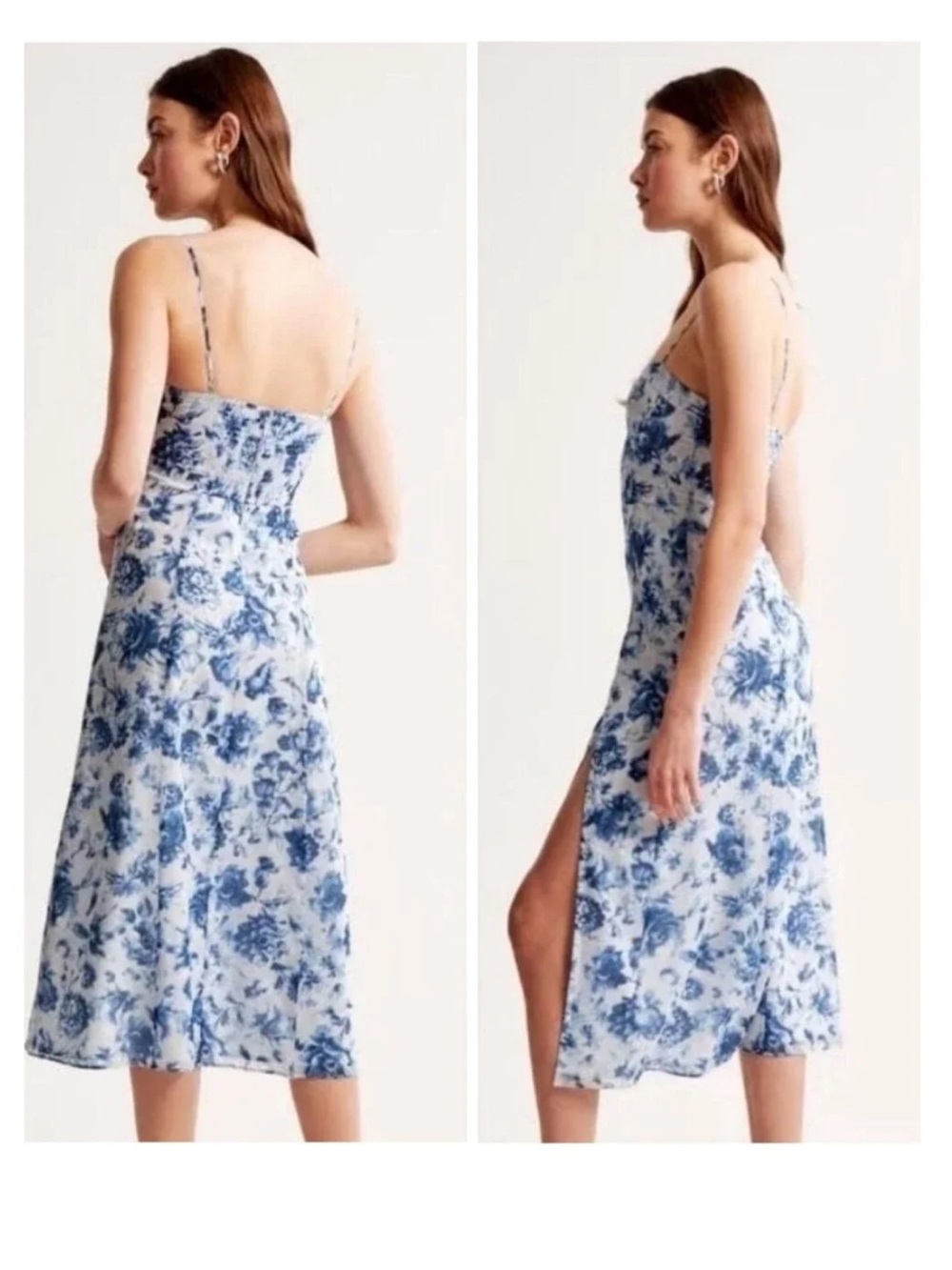 Abercrombie & Fitch Blue White Floral Bustier Sweetheart Slip Midi Dress Slit - Picture 8 of 14